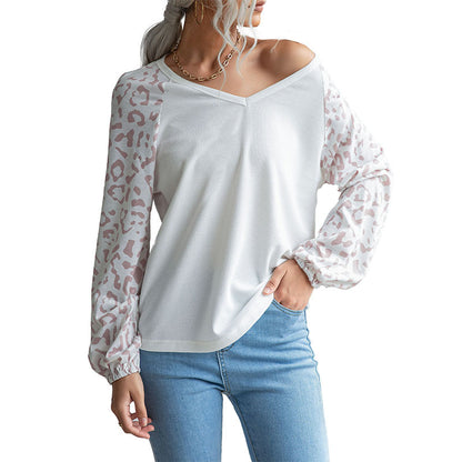 Leopard Print Raglan Sleeve Waffle Knit Top with V-Neck