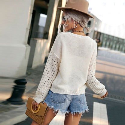 Loose Crewneck Knit Pullover with Pointelle Sleeves