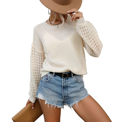 Loose Crewneck Knit Pullover with Pointelle Sleeves