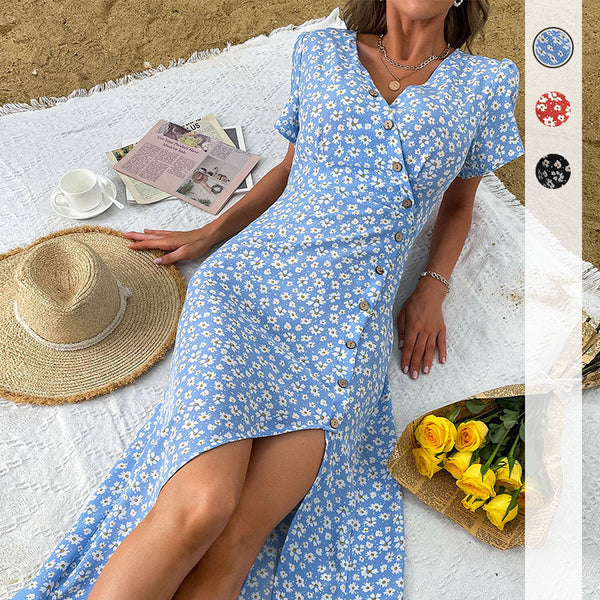 Floral Print V-Neck Dress with Button Front and Slit