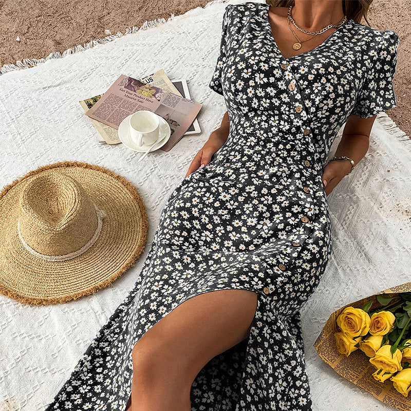 Floral Print V-Neck Dress with Button Front and Slit