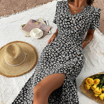 Floral Print V-Neck Dress with Button Front and Slit