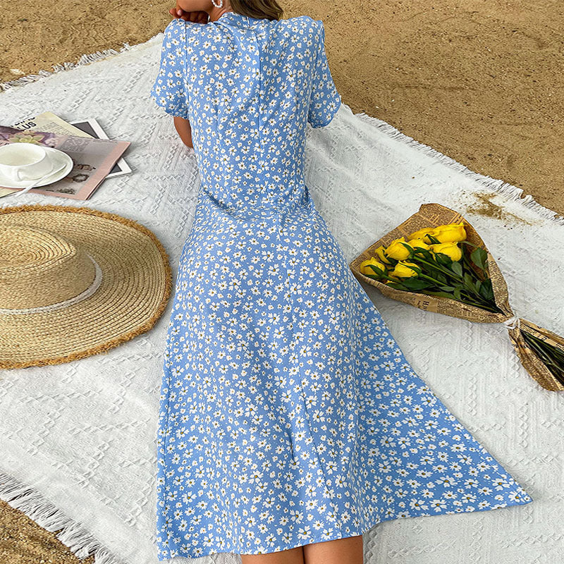 Floral Print V-Neck Dress with Button Front and Slit