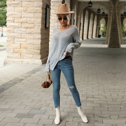 Textured V-Neck Knit Pullover with Side Slits