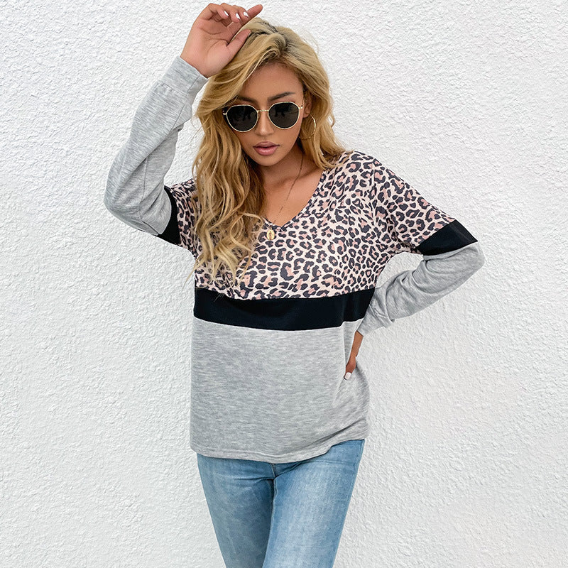 Leopard Print Color Block Long-Sleeve Top with V-Neck