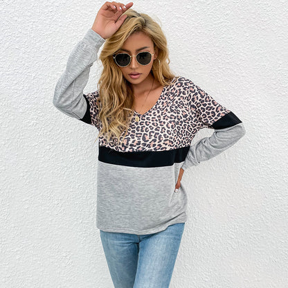 Leopard Print Color Block Long-Sleeve Top with V-Neck