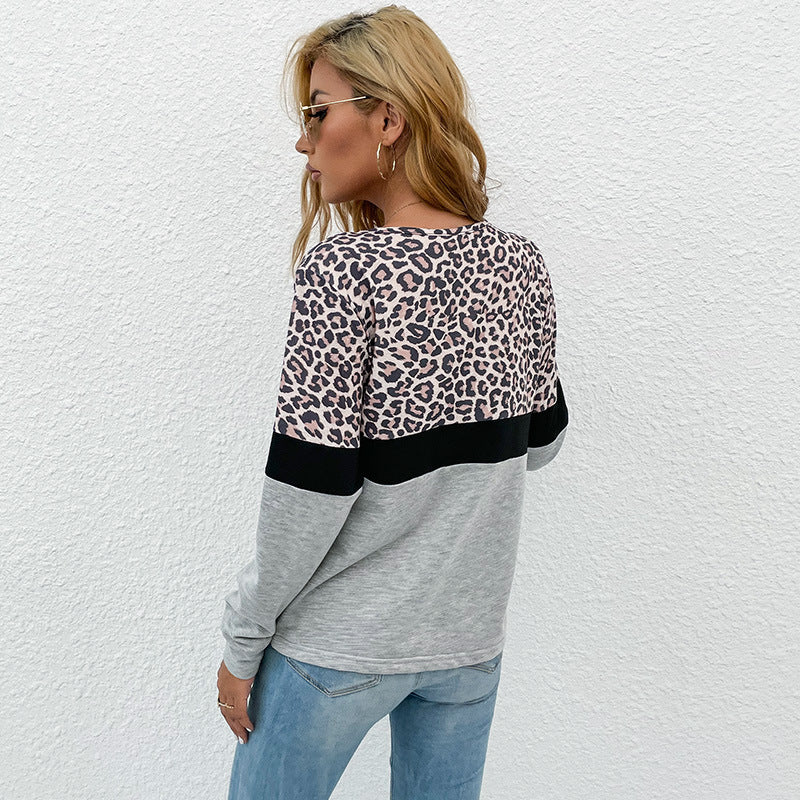Leopard Print Color Block Long-Sleeve Top with V-Neck