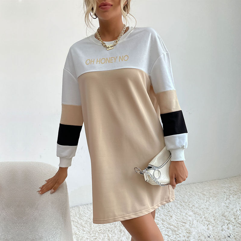 Color-Block A-Line Sweatshirt Dress with Letter Print