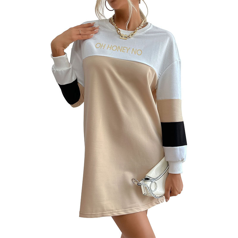 Color-Block A-Line Sweatshirt Dress with Letter Print