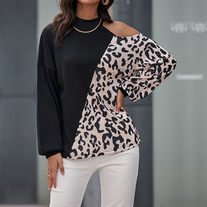 Spliced Leopard Print Long-Sleeve Top with Cold Shoulder