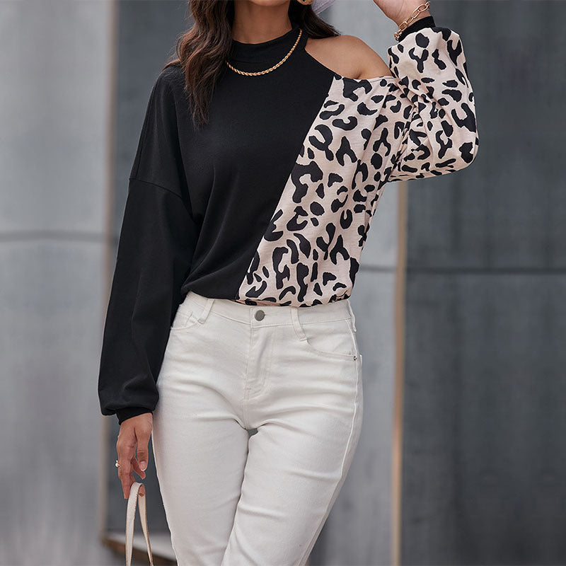 Spliced Leopard Print Long-Sleeve Top with Cold Shoulder