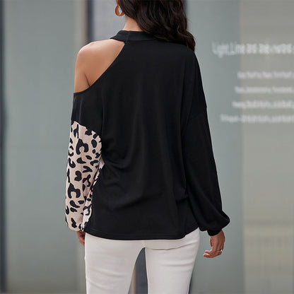 Spliced Leopard Print Long-Sleeve Top with Cold Shoulder