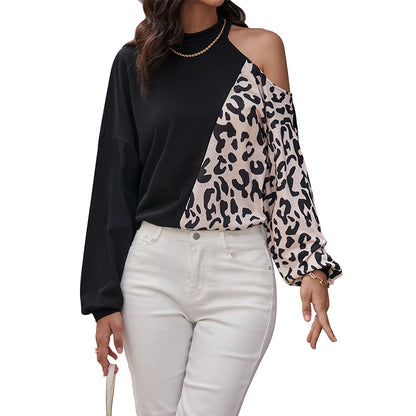 Spliced Leopard Print Long-Sleeve Top with Cold Shoulder