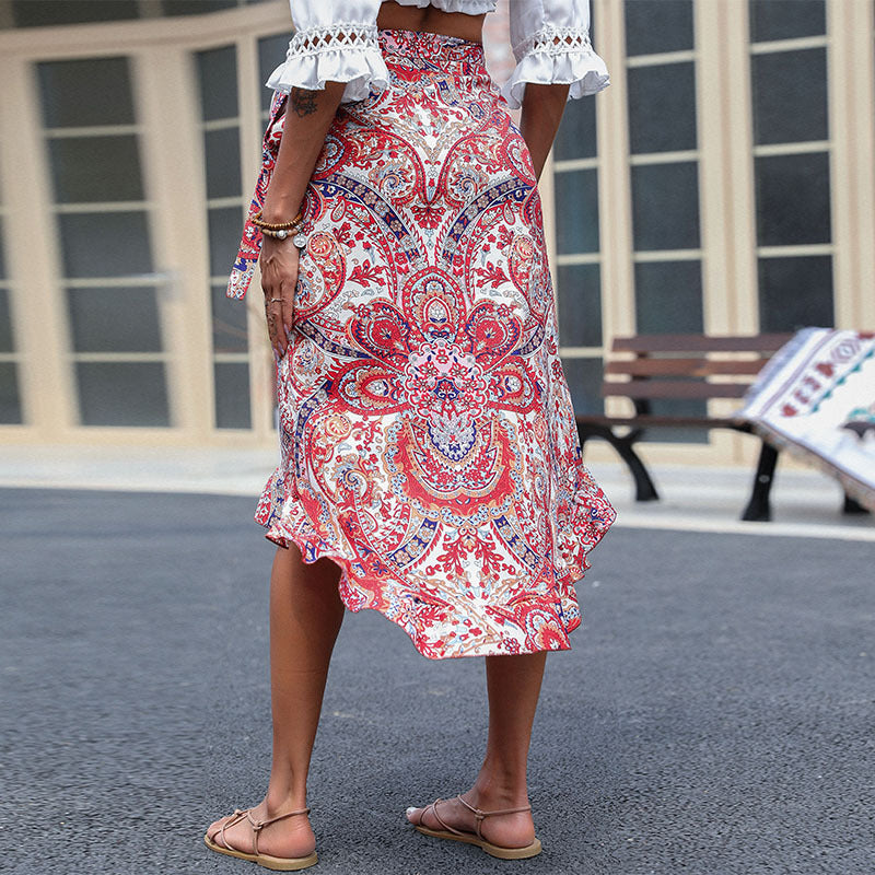 Paisley Print High-Low Wrap Skirt with Ruffle Hem