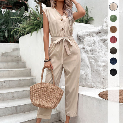 Sleeveless Straight-Leg Jumpsuit with Tie-Waist