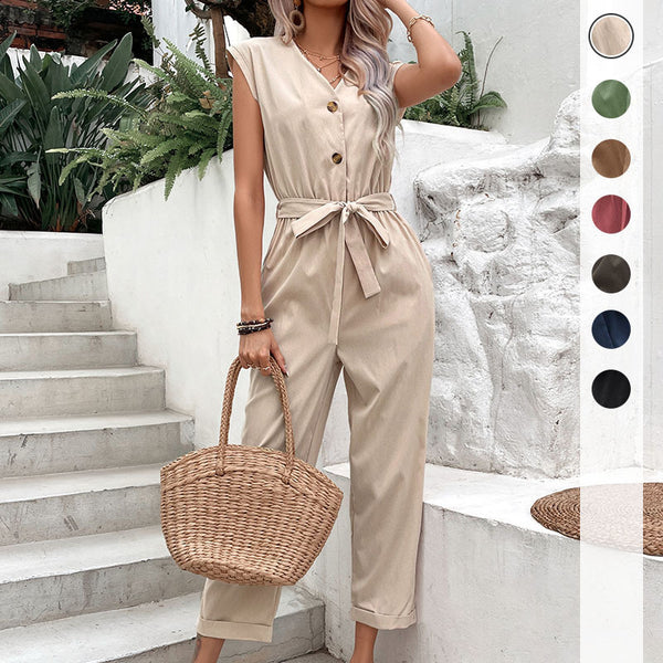 Sleeveless Straight-Leg Jumpsuit with Tie-Waist