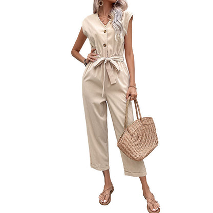 Sleeveless Straight-Leg Jumpsuit with Tie-Waist