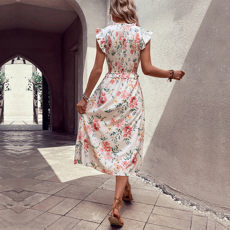 Floral Print Midi Dress with Ruffled Sleeves and Slit