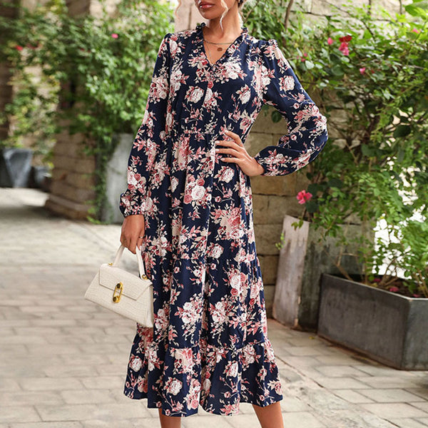 Floral Print Tiered Midi Dress with Ruffled V-Neck