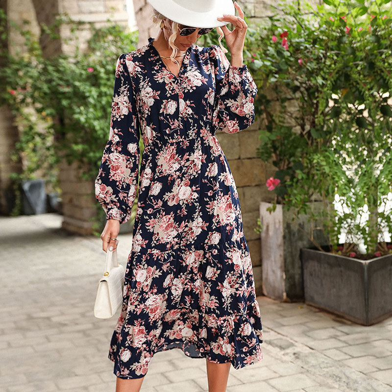 Floral Print Tiered Midi Dress with Ruffled V-Neck