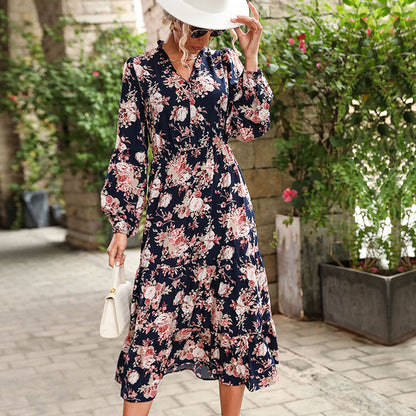 Floral Print Tiered Midi Dress with Ruffled V-Neck