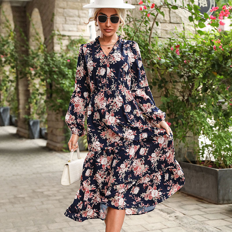 Floral Print Tiered Midi Dress with Ruffled V-Neck