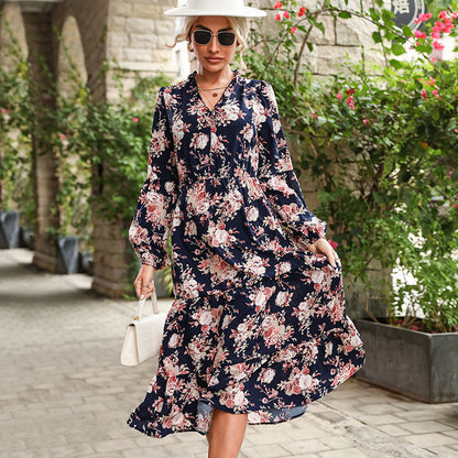 Floral Print Tiered Midi Dress with Ruffled V-Neck