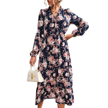Floral Print Tiered Midi Dress with Ruffled V-Neck