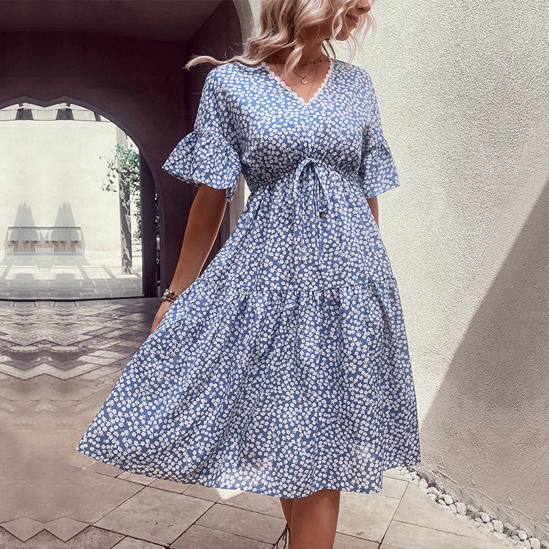 Ditsy Floral Tiered Midi Dress with V-Neck and Drawstring Waist