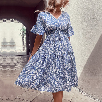 Ditsy Floral Tiered Midi Dress with V-Neck and Drawstring Waist