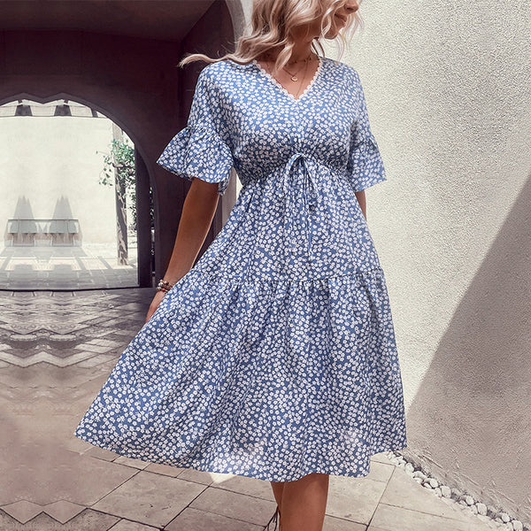 Ditsy Floral Tiered Midi Dress with V-Neck and Drawstring Waist