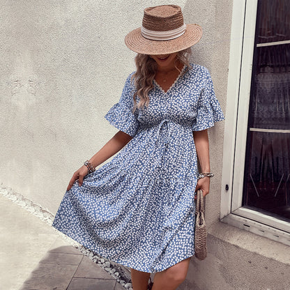 Ditsy Floral Tiered Midi Dress with V-Neck and Drawstring Waist