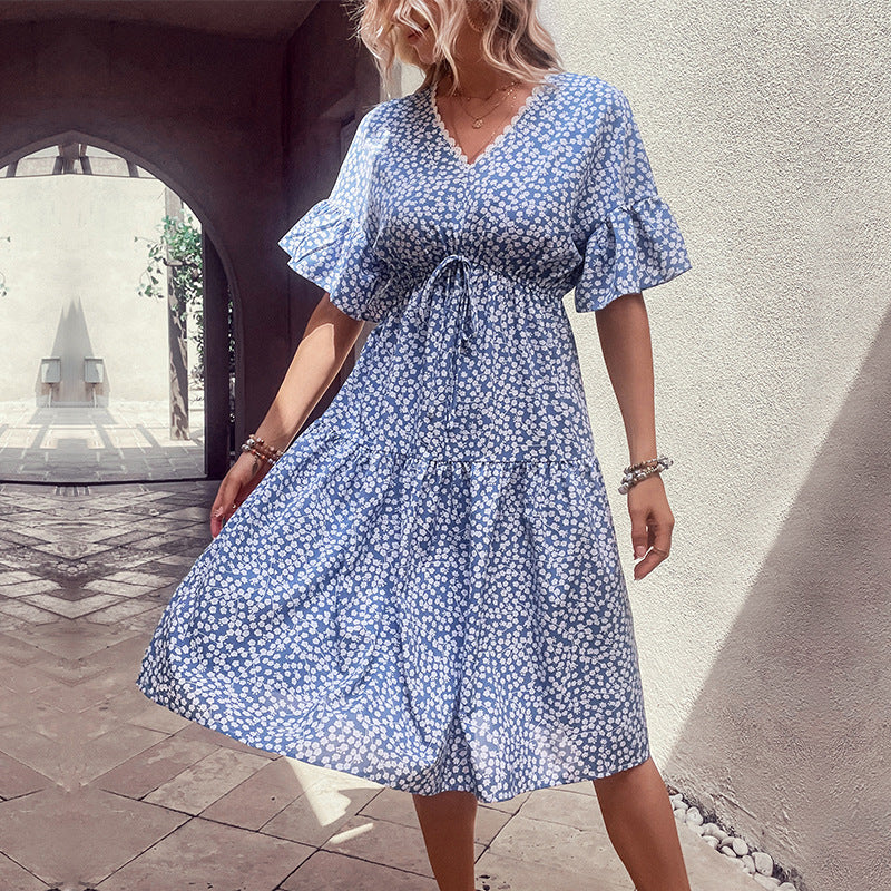 Ditsy Floral Tiered Midi Dress with V-Neck and Drawstring Waist