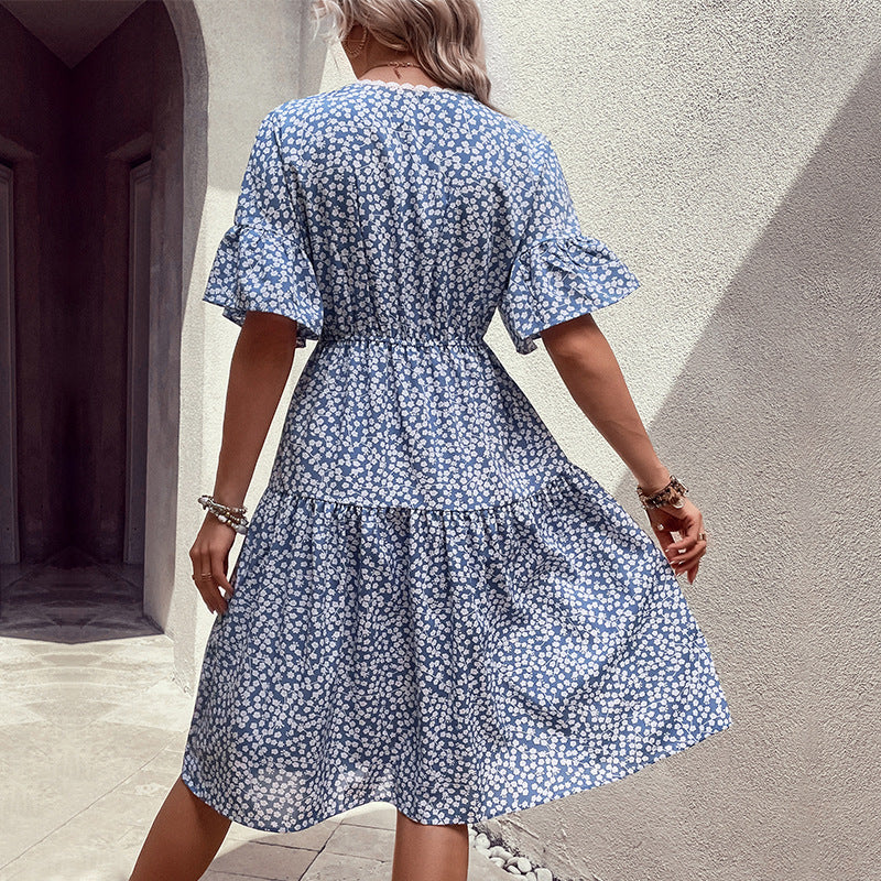 Ditsy Floral Tiered Midi Dress with V-Neck and Drawstring Waist