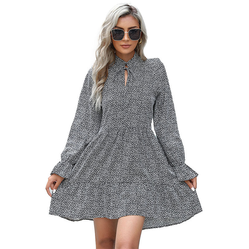 Printed A-Line Mini Dress with Semi-High Collar and Ruffle Cuffs