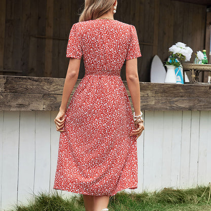 Floral A-Line Midi Dress with V-Neck and Tie-Waist