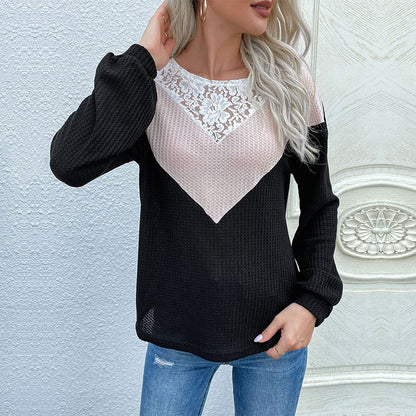 V-Block Waffle Knit Pullover with Lace Yoke