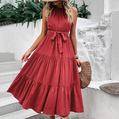 Solid Midi Dress with Halter Neck, Tiered Skirt, and Tie-Waist