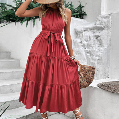 Solid Midi Dress with Halter Neck, Tiered Skirt, and Tie-Waist