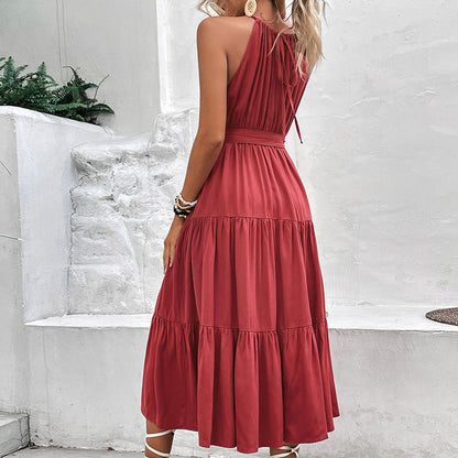 Solid Midi Dress with Halter Neck, Tiered Skirt, and Tie-Waist