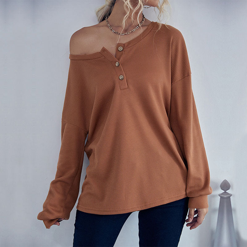 Loose Waffle Knit Henley Top with Button Collar