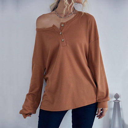 Loose Waffle Knit Henley Top with Button Collar