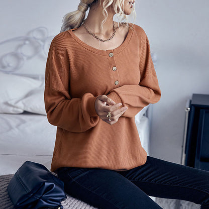 Loose Waffle Knit Henley Top with Button Collar