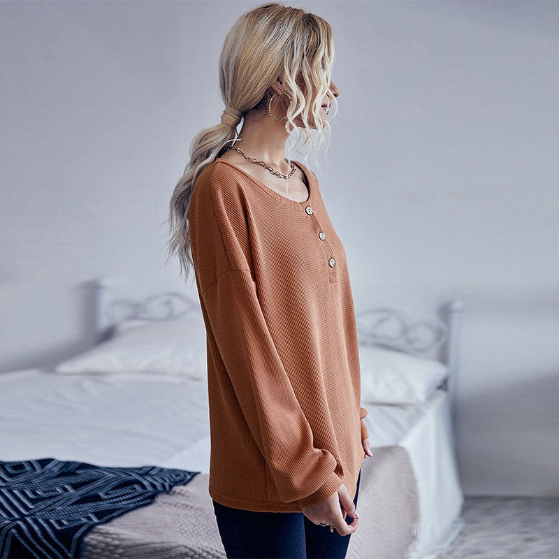 Loose Waffle Knit Henley Top with Button Collar