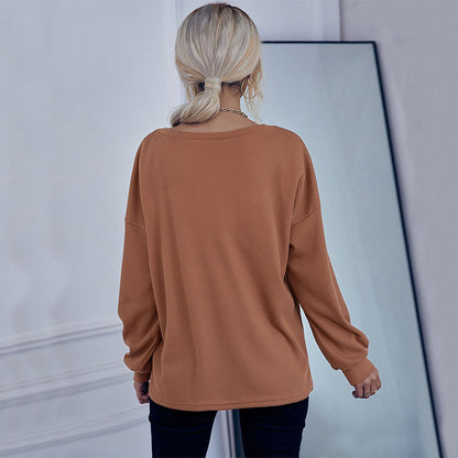 Loose Waffle Knit Henley Top with Button Collar