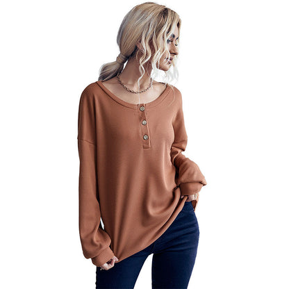 Loose Waffle Knit Henley Top with Button Collar