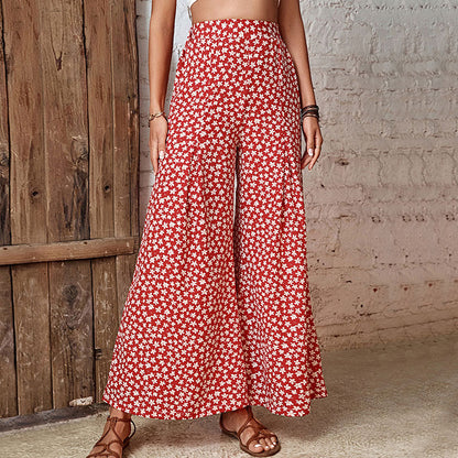 Red Ditsy Floral High-Waist Flared Wide-Leg Pants
