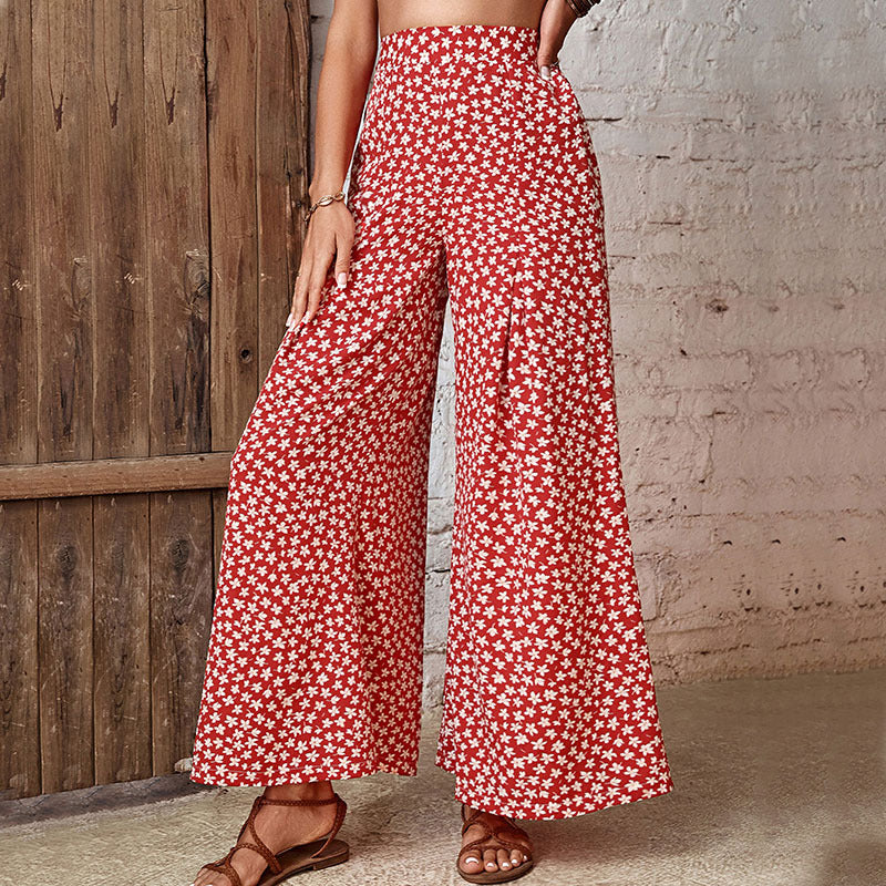 Red Ditsy Floral High-Waist Flared Wide-Leg Pants