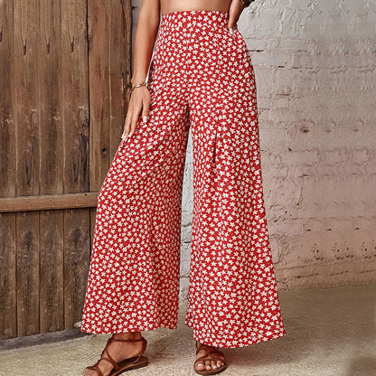 Red Ditsy Floral High-Waist Flared Wide-Leg Pants