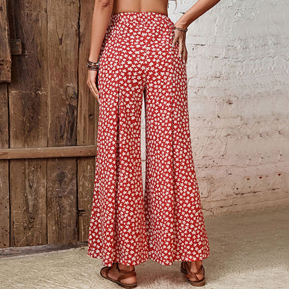 Red Ditsy Floral High-Waist Flared Wide-Leg Pants